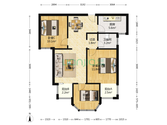 浩创悦城 3室2厅1卫 90平方