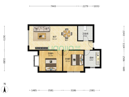 北城蘭庭 2室1厅1卫 92平方