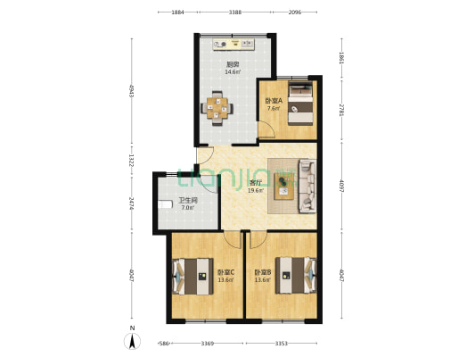 幸福小区 3室1厅1卫 92平方