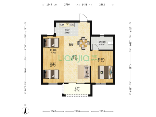 世茂东望 3室1厅1卫 87平方