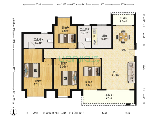 尹山湖景花园四期 4室1厅2卫 140平方