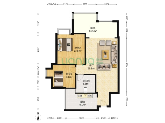 岭秀都江1期 2室1厅1卫 83平方