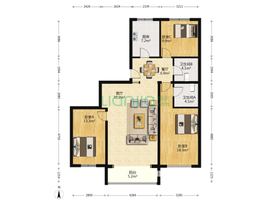 金地家园 3室2厅2卫 128平方