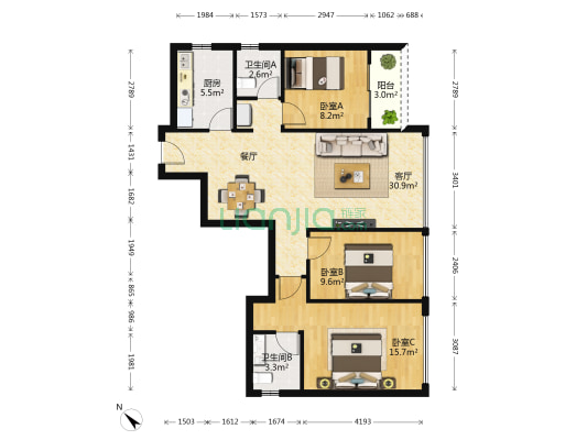 格力广场四期 3室1厅2卫 92平方