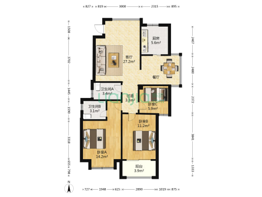 奥体公馆 3室1厅2卫 95平方