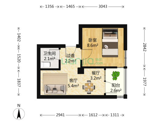 亲亲家园(桐乡市) 1室2厅1卫 38平方