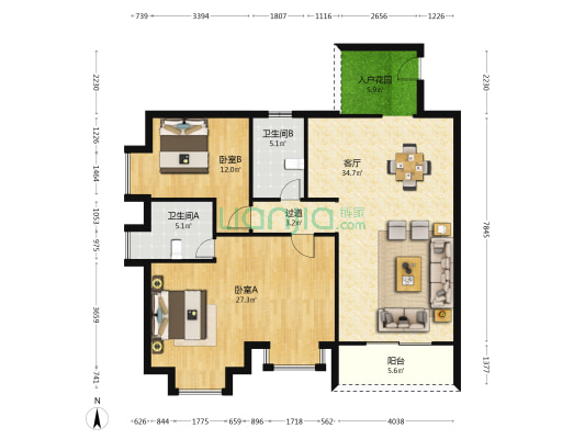金鹿花园二期 2室1厅2卫 117平方