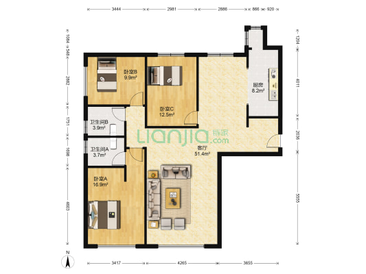 富力桃园天富园 3室1厅2卫 147平方