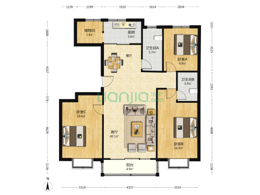 现代御园 3室1厅2卫 151平方