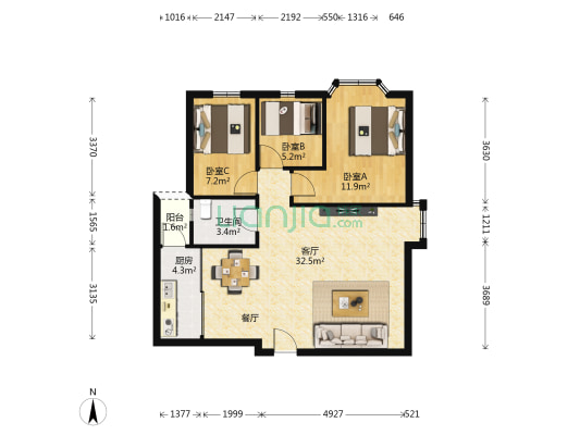 银都大厦 3室1厅1卫 86平方