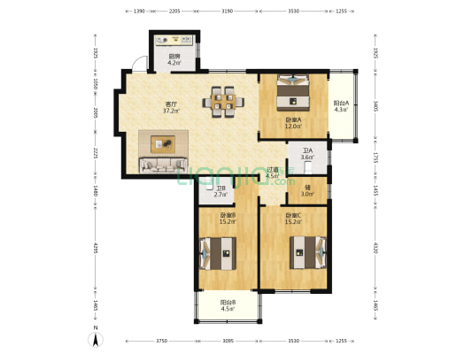 君盛华府 3室1厅2卫 142平方