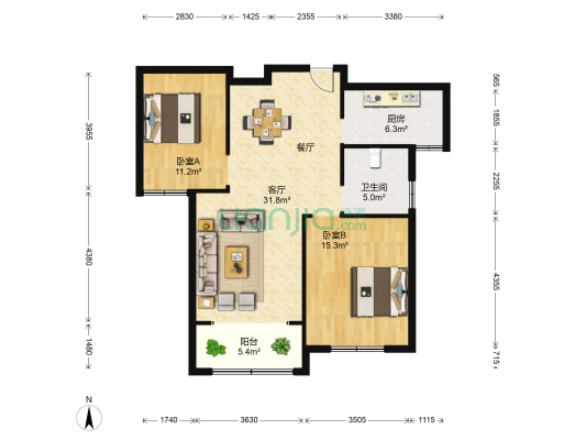 朝霞里花苑 2室1厅1卫 95平方