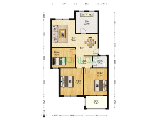 惠民小区B区 3室1厅1卫 105平方