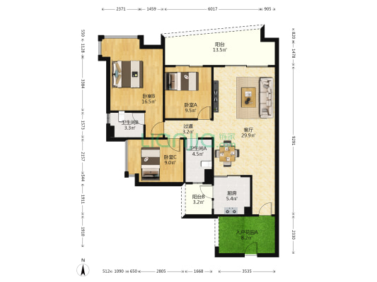 珠江景悦府 3室1厅2卫 117平方