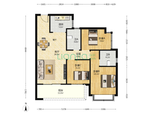 蓝光德商天域 3室1厅2卫 115平方