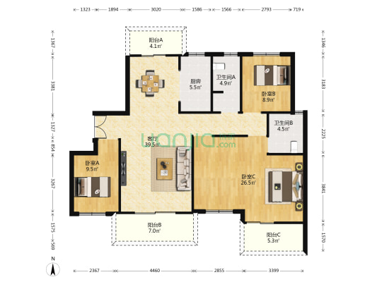 幸福考拉789 3室1厅2卫 139平方