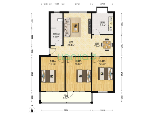 育强生活小区 3室2厅1卫 123平方