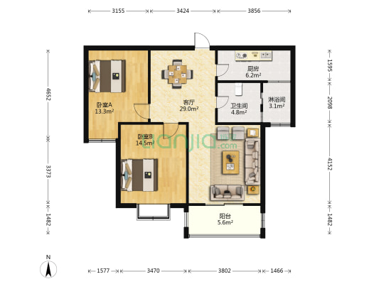 华美生态园北区 2室1厅2卫 89平方
