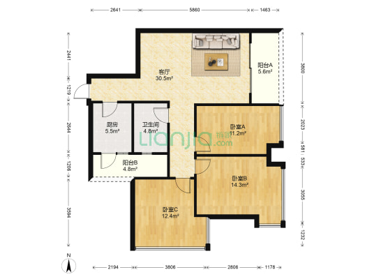 侨建御溪谷南区 3室1厅1卫 98平方