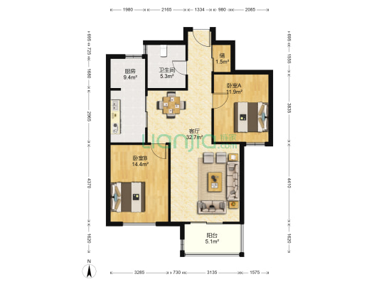 云锦蓝庭 2室1厅1卫 106平方