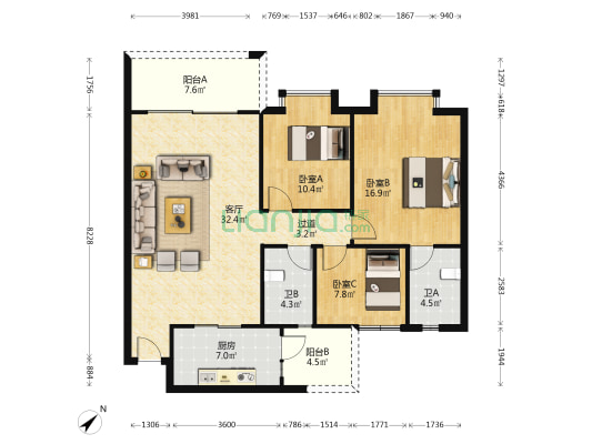 景泰花园 3室1厅2卫 120平方