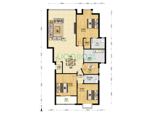 京电花园 4室1厅2卫 159平方