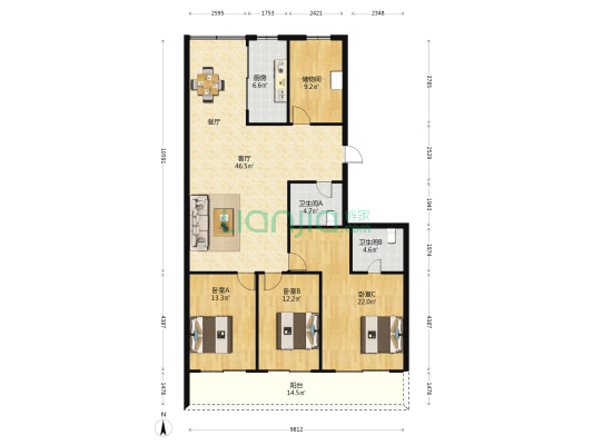 榕泉花园 3室1厅2卫 156平方