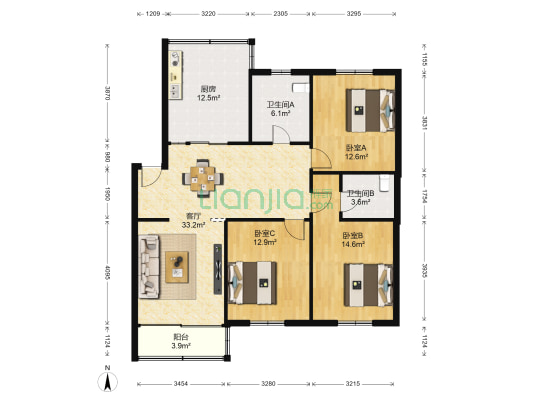 三香弄八号小区 3室1厅2卫 113平方