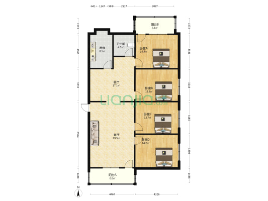 裕花园小区 4室2厅1卫 136平方