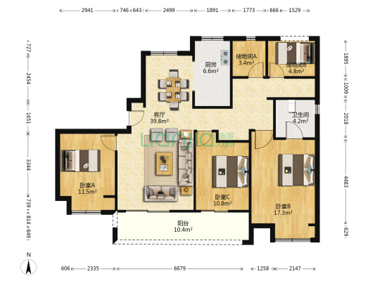 张家港碧桂园天玺 3室1厅1卫 143平方