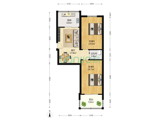 省京剧院宿舍 2室1厅1卫 71平方