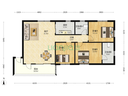 沙南街小区花园 3室1厅2卫 119平方