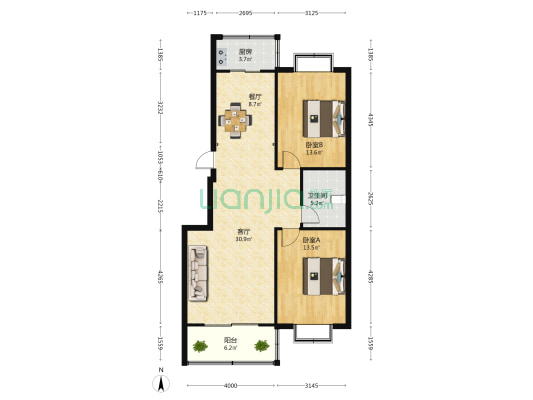 阳光嘉园 2室2厅1卫 107平方