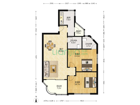 北虹公寓 2室1厅2卫 99平方