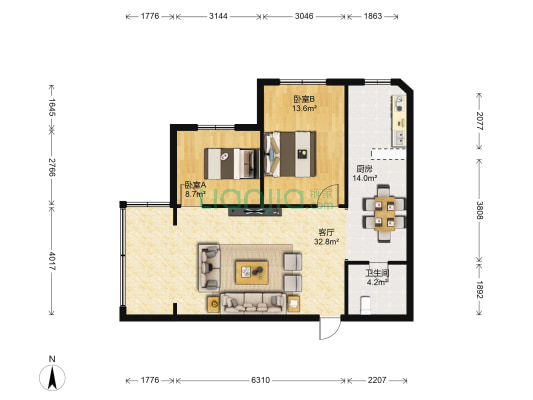 三星花园 2室1厅1卫 91平方