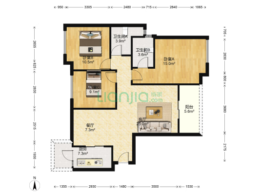 雅居乐畔山中心城 3室2厅2卫 117平方