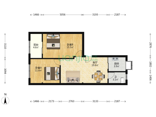 交通银行宿舍 2室1厅1卫 68平方