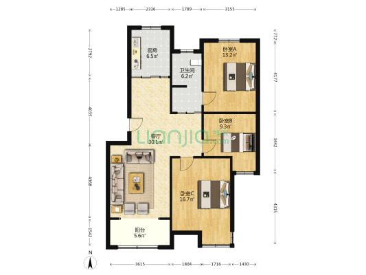 香榭里 3室1厅1卫 107平方