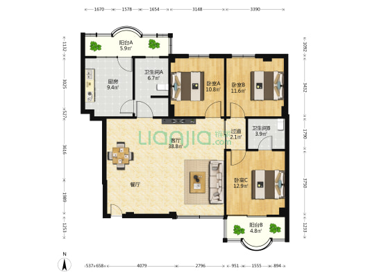 五龙大厦 3室1厅2卫 136平方