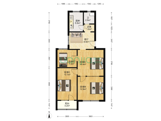 中建八局 4室1厅1卫 87平方