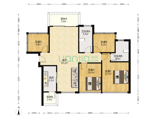 龙光玖龙湾 4室1厅2卫 106平方
