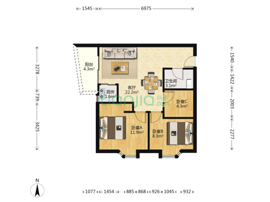 东鹏花园三期 3室1厅1卫 67平方