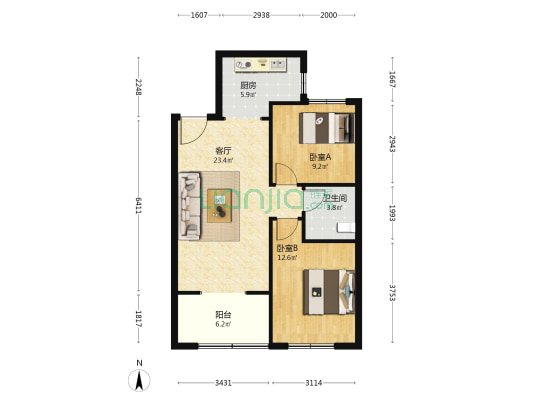 秀兰城市绿洲北区 2室1厅1卫 105平方
