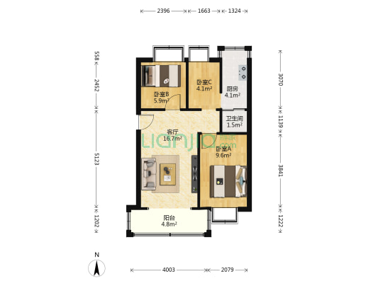 东湖丽苑 3室1厅1卫 52平方
