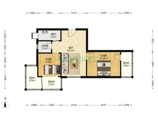 蛇山六坡2号 2室1厅1卫 66平方
