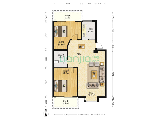 世纪佳源 2室1厅1卫 90平方