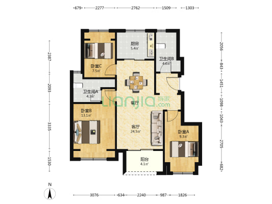 奉发宝龙广场 3室1厅2卫 89平方