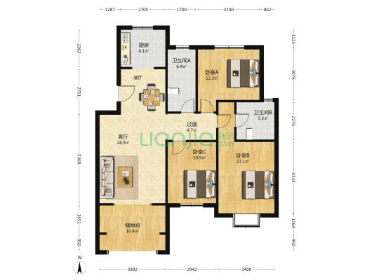 星河花园 3室1厅2卫 117平方