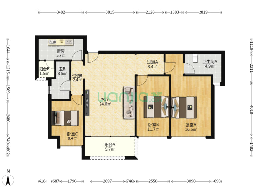 金地伊顿山一期 3室1厅2卫 95平方