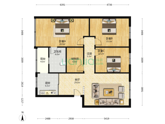 南北大街北二段91号 3室1厅1卫 139平方
